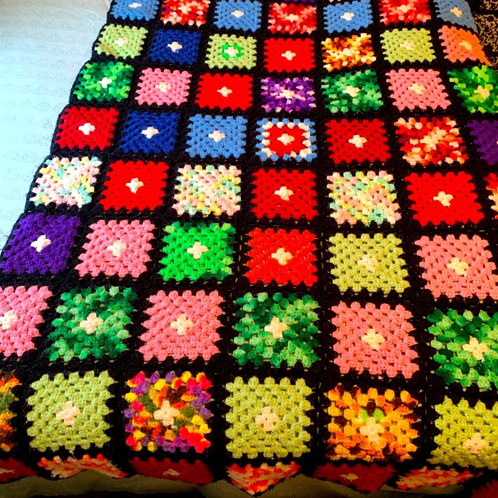 “Roseanne’s” Vintage Afghan Crochet Throw.  Vibrant Colors, Large - 40” x 74”.